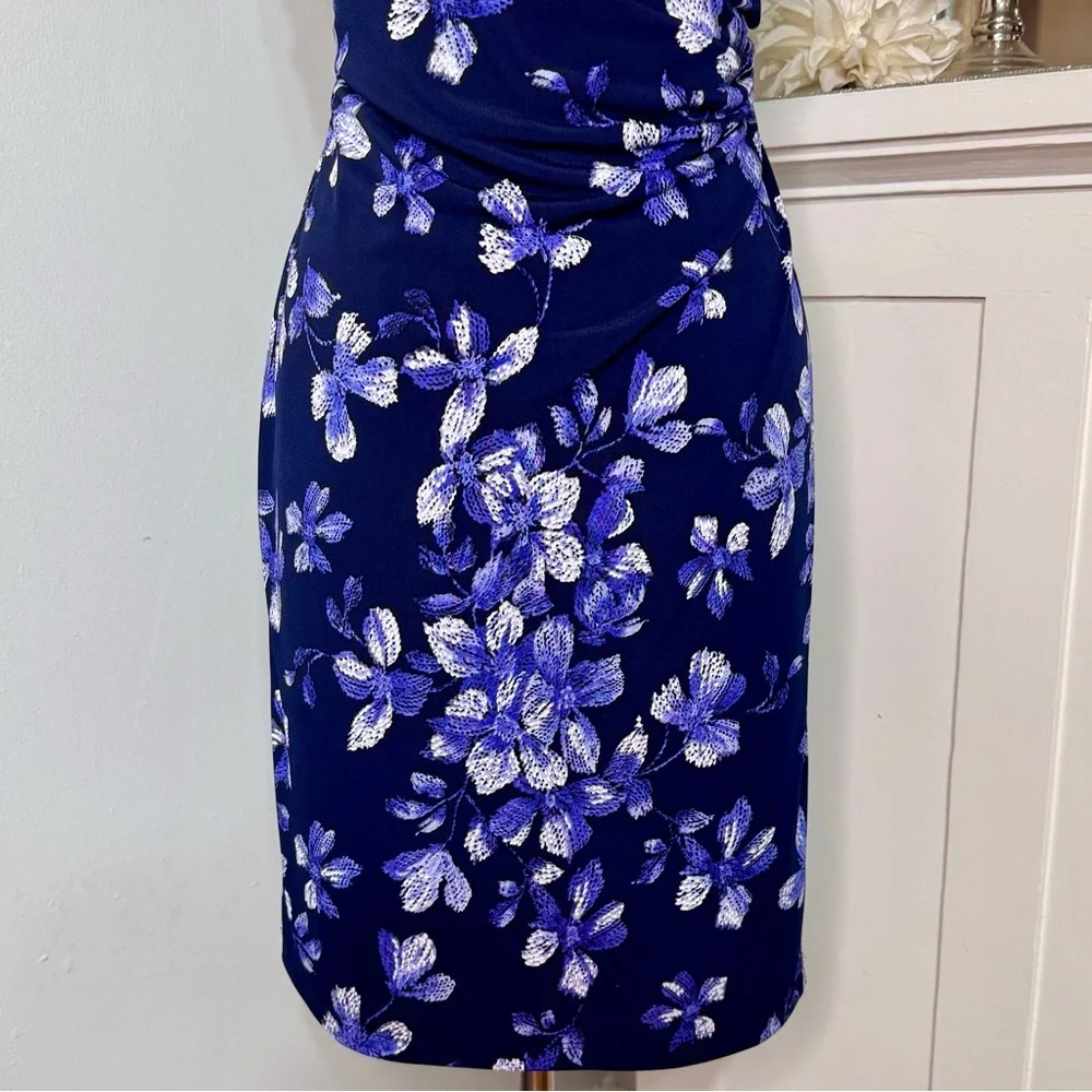 Connected Apparel Blue Floral Ruched Sheath Dress Size 8p - Picture 4 of 11